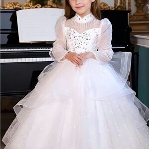 White Beaded Tulle Flower Girl Dress